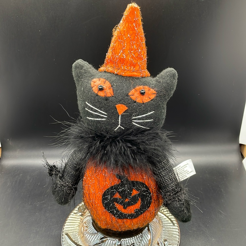 Vintage Delton style stuffed black cat with feathers hat
